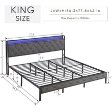 Load image into Gallery viewer, King Bed Frame with Storage Headboard, Charging Station and LED Lights, Upholstered Platform Bed with Heavy Metal Slats, No Box Spring Needed, Noise Free, Easy Assembly, Dark Gray
