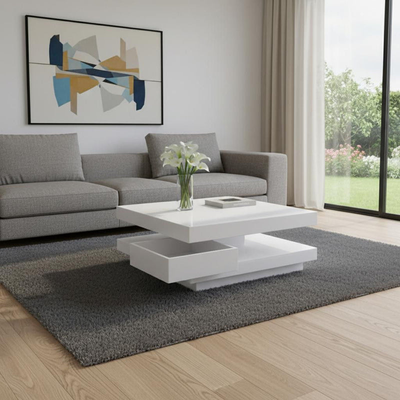 Square Solid Wood Coffee Table With Two Drawers - White