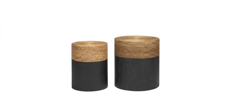 Rattan And Solid Wood Round Drum Nested Tables (Set of 2) - Beige And Black