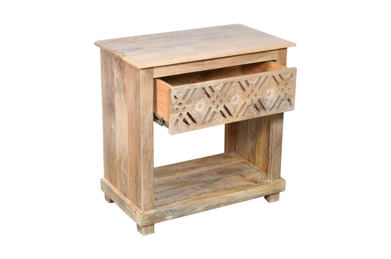28" Solid Wood Carved Geometric One Drawer Nightstand - Natural