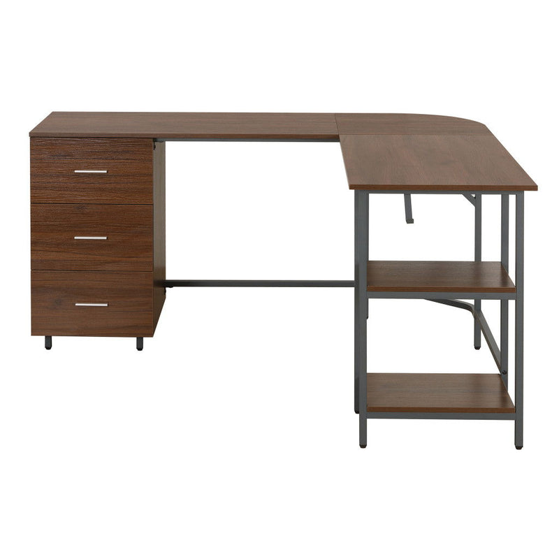 Stainless L Shape Computer Desk With Three Drawers - Walnut