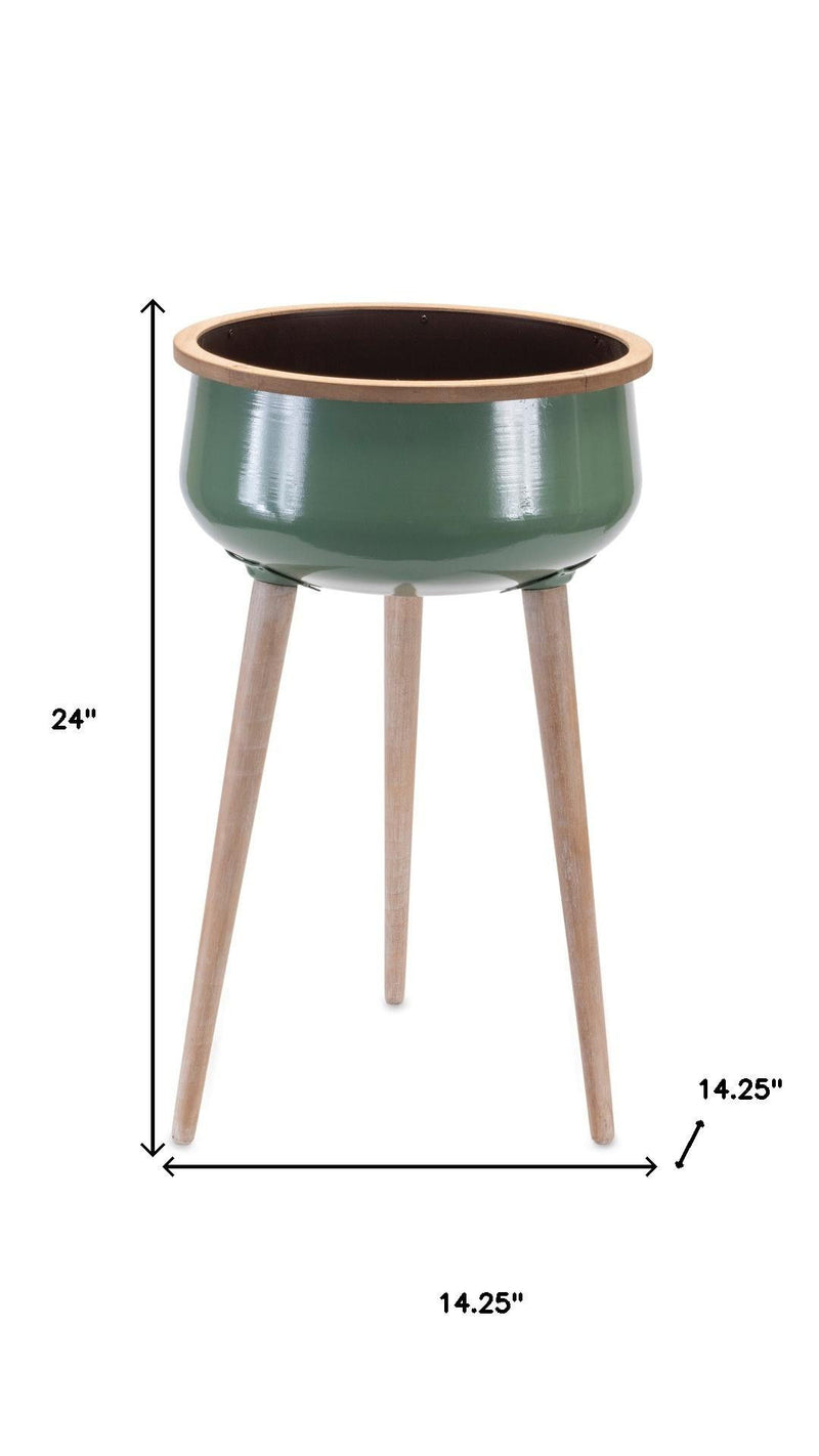 Metal And Wood 130" Ounce Round Elevated Planter - Green And Natural