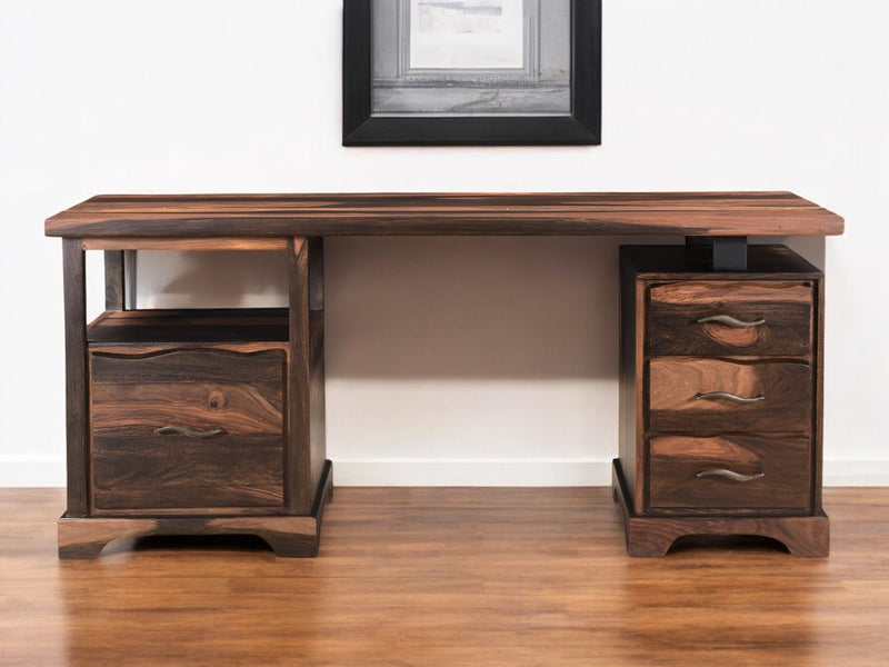 68" Live Edge Solid Wood Writing Desk With Four Drawers - Dark Brown