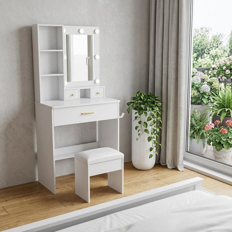 Mirrored Three Drawer Vanity Table Lights - White