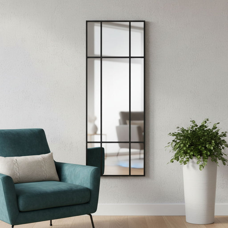 63" Iron Window Pane Geometric Framed Full Length Hanging Mirror - Black