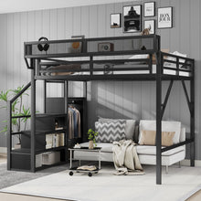 Load image into Gallery viewer, Queen Size Loft Bed With Stairs, Storage Shelves, Wardrobe - Black
