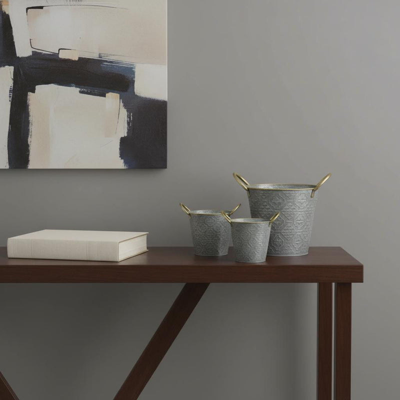 Geometric Round Pot Planters (Set of 3) - Gold / Gray
