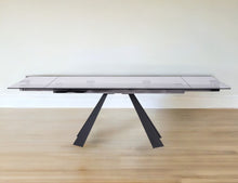 Load image into Gallery viewer, 63" Glass And Metal Drop Leaf Pedestal Base Dining Table - Black

