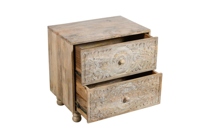 24" Two Drawer Distressed Carved Floral Solid Wood Nightstand - Natural