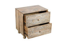 Load image into Gallery viewer, 24" Two Drawer Distressed Carved Floral Solid Wood Nightstand - Natural
