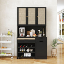 Load image into Gallery viewer, Kitchen Pantry Storage Cabinet, Modern Buffet Cabinet With Kitchen Cart, Tall Kitchen Hutch Cabinet With Microwave Stand, Food Pantry Cabinet With 3 Rattan Doors And Adjustable Shelves - Black
