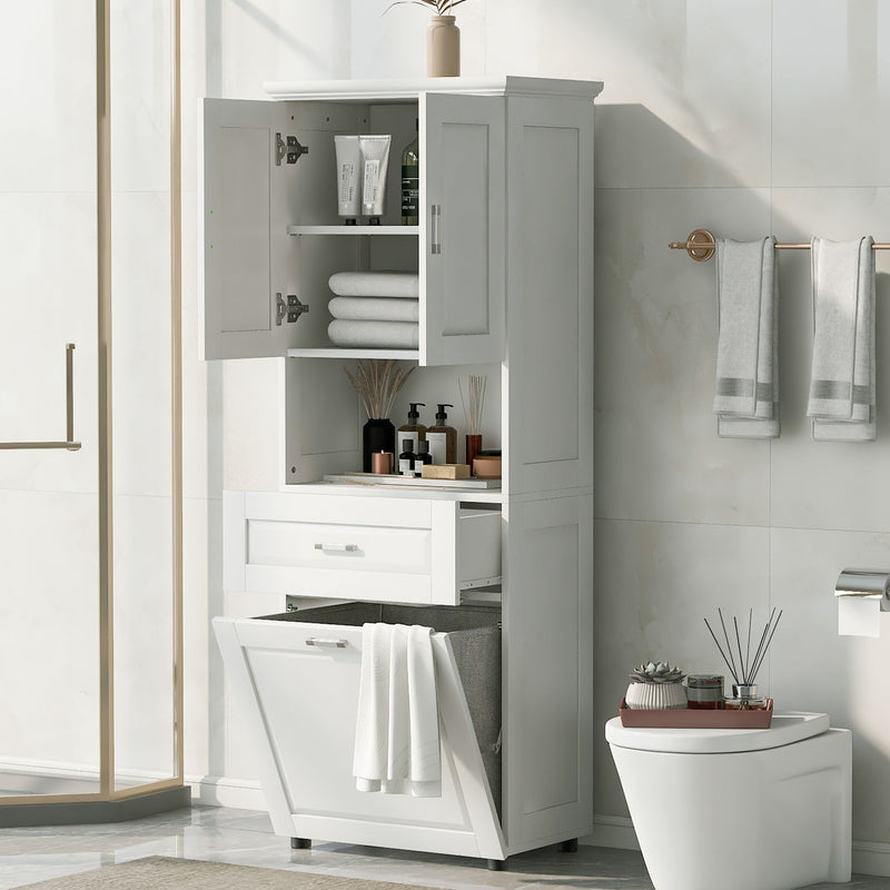 Tall Bathroom Cabinet With Tilt-Out Laundry Basket And Upper Storage