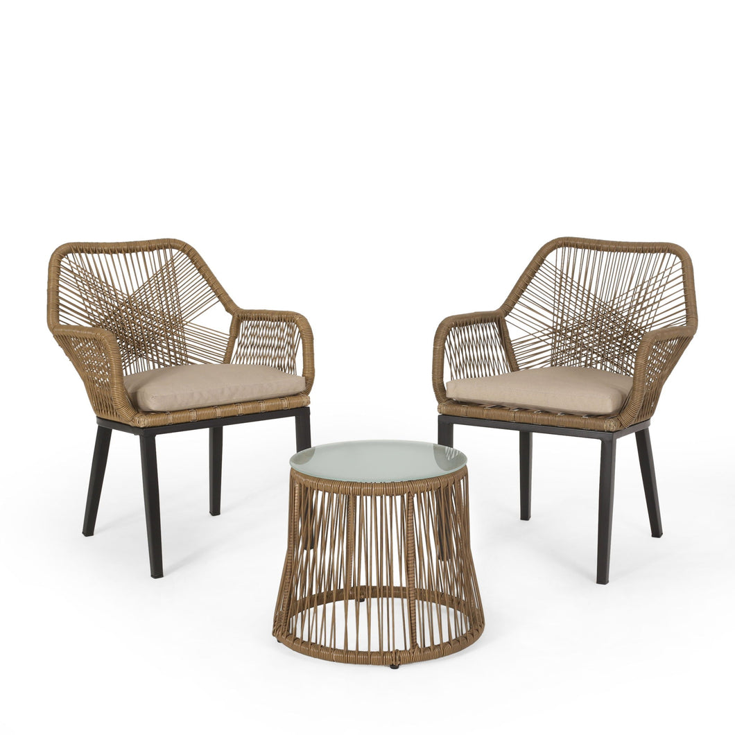 Conversation Set With Tempered Glass Table Top - Light Brown