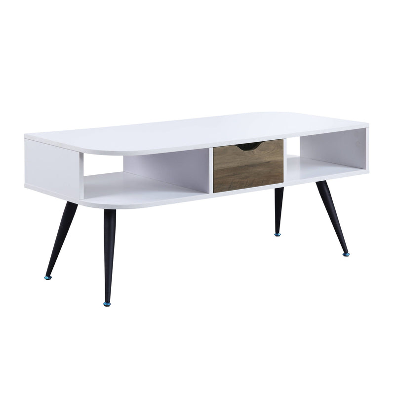 Melamine Veneer And Metal Rectangular Coffee Table With Drawer And Shelf - Black And White