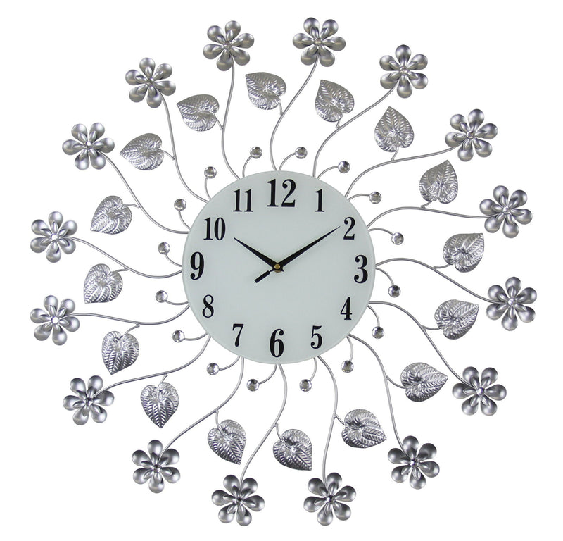 Silent Analog Floral Round Wall Clock - Silver / Silver / White