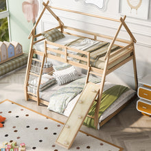 Load image into Gallery viewer, Twin over Queen House Bunk Bed with Climbing Nets and Climbing Ramp, Natural
