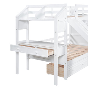 Twin over Twin Bunk Bed with Storage Staircase, Slide and Drawers, Desk with Drawers and Shelves, White