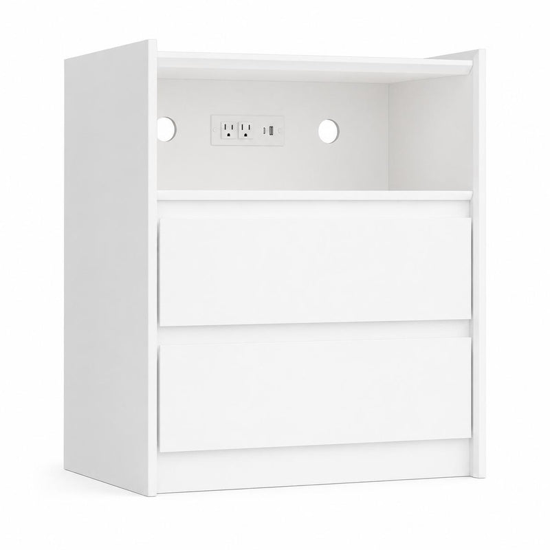 Wood Two Drawer Nightstand With USB Port And Integrated Tech - White