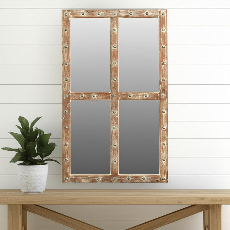 Light Solid Wood Windowpane Framed Accent Mirror - Brown