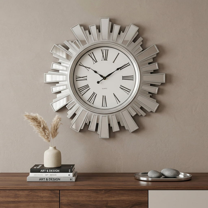Mirrored Heavy Duty Plastic Silent Analog Sunburst Wall Clock - Silver / Silver / White