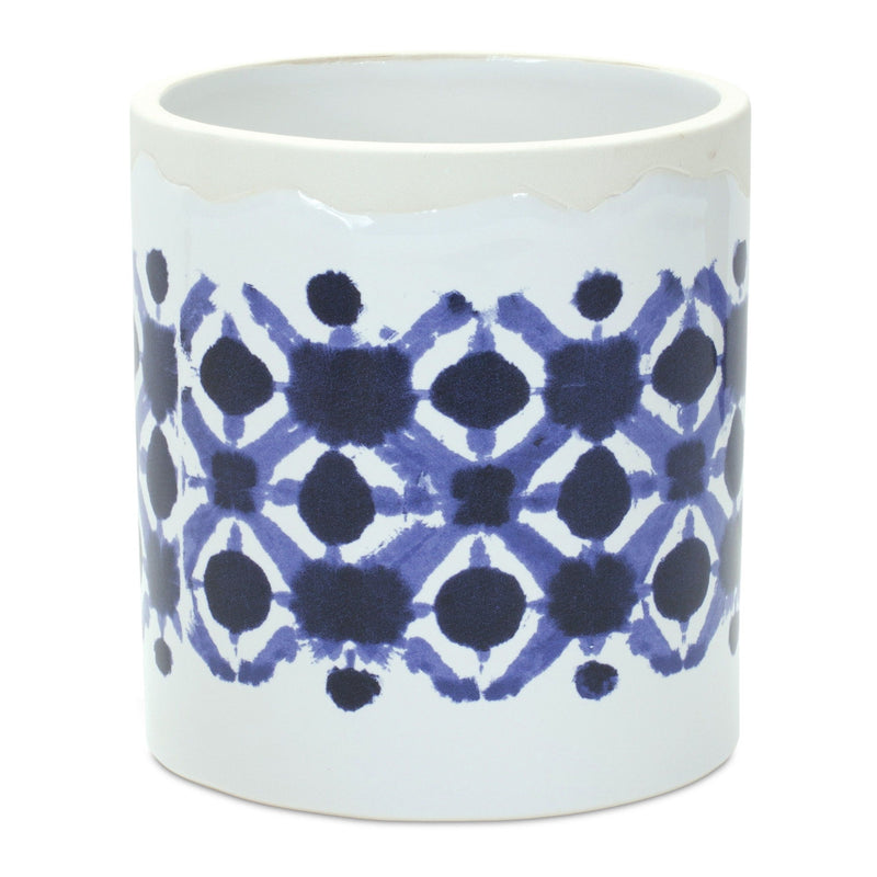 Geometric Round Pot Planters (Set of 2) - White / Blue