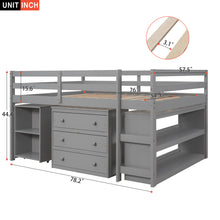 Load image into Gallery viewer, Low Study Full Loft Bed with Cabinet ,Shelves and Rolling Portable Desk ,Multiple Functions Bed- Gray
