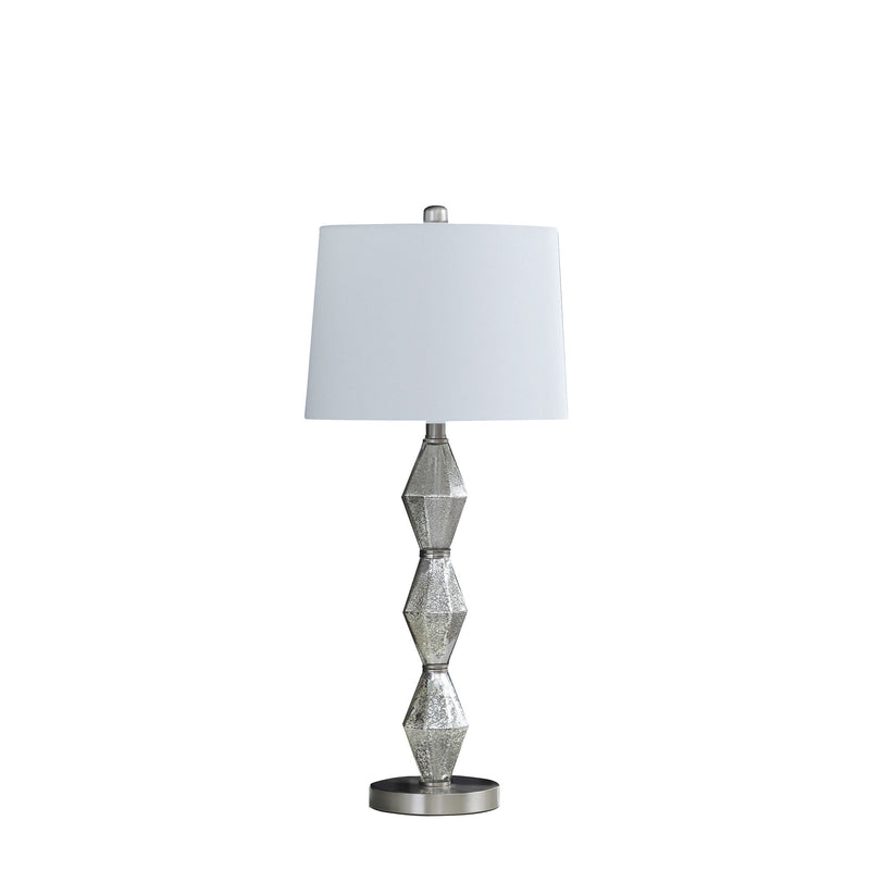 Geo Glass Table Lamp With White Shade - Brushed Silver