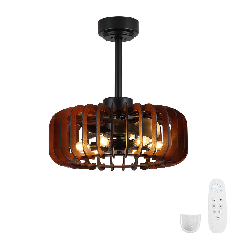 Ceiling Fan, Fandelier With 6 E12 Sockets, Reversible DC Motor, 6 Speeds, Remote Control, Adjustable Hanging - Black / Brown