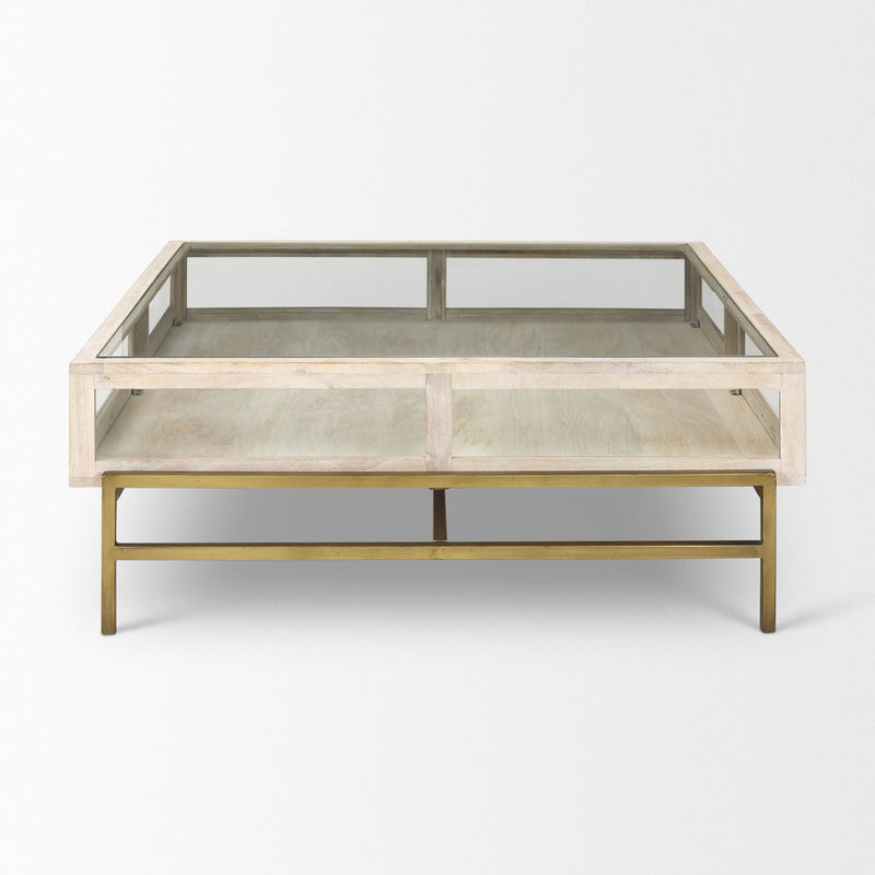 44" Clear Solid Wood Glass And Iron Storage Coffee Table - Gold And Off White