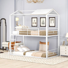 Load image into Gallery viewer, Twin Over Twin Bunk Bed Metal Bed with Half Roof, Guardrail and Ladder White
