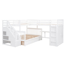 Load image into Gallery viewer, Twin-Twin over Full L-Shaped Bunk Bed With 3 Drawers, Portable Desk and Wardrobe, White
