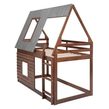 Load image into Gallery viewer, Wood Twin Size House Bunk Bed with Roof, Ladder and 2 Windows, Oak &amp; Smoky Grey
