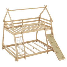 Load image into Gallery viewer, Twin over Queen House Bunk Bed with Climbing Nets and Climbing Ramp, Natural
