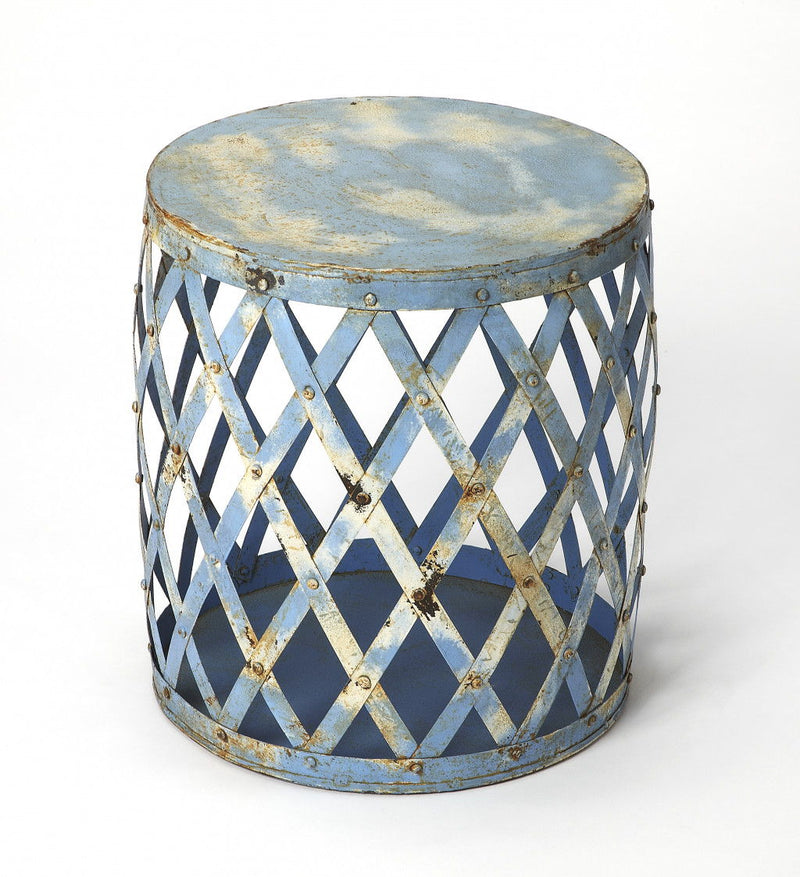 Rustic Iron Lattice Round Top End Table - Light Blue