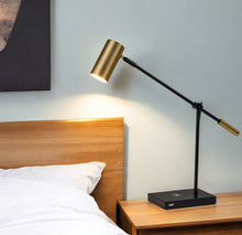 Load image into Gallery viewer, 22" Metal Swing Arm LED Desk Lamp With USB And Antiqued Gold Cylinder Shade - Black
