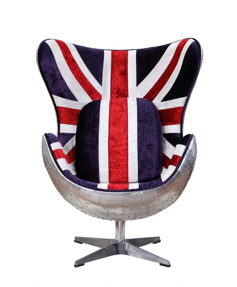 White And Blue And Silver Fabric Great Britain Flag Swivel Balloon Chair - Red