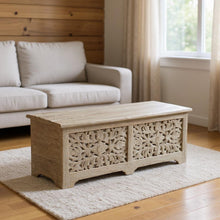 Load image into Gallery viewer, 52" Distressed Solid Wood Carved Floral Storage Ottoman - Gray
