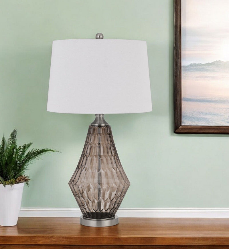 Metal Geometric Table Lamp With Off-White Empire Shade - Gray