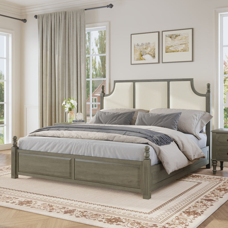 Farmhouse Platform Bed Frame & Tall Upholstered Headboard