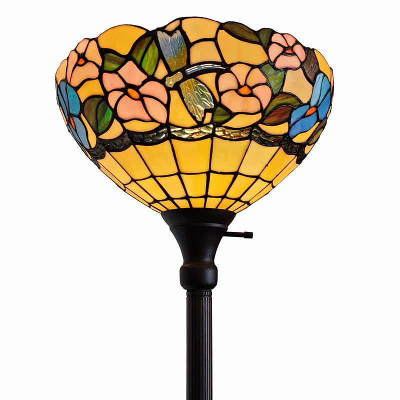 Traditional Shaped Floor Lamp With Green And Brown Tiffany Glass Bowl Shade - Brown