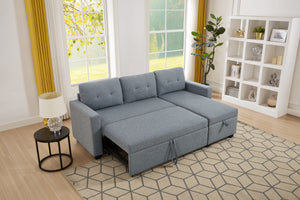 Upholstered Pull Out Sectional Sofa with Storage Chaise, Convertible Corner Couch, Light Grey