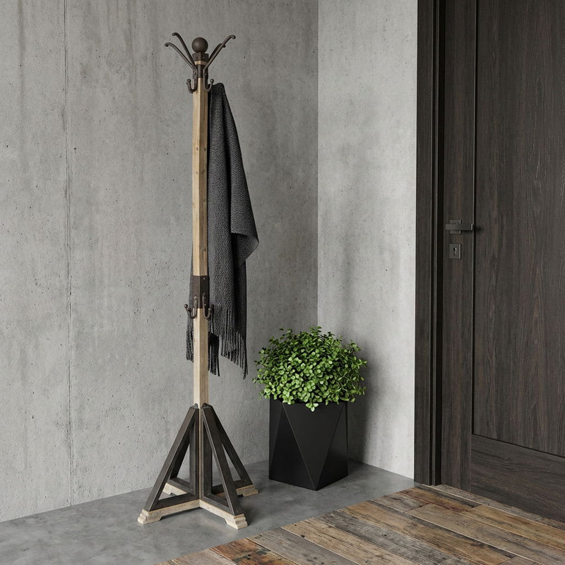 Solid Wood Steel Twelve Hook Freestanding Coat Rack - Black / Brown