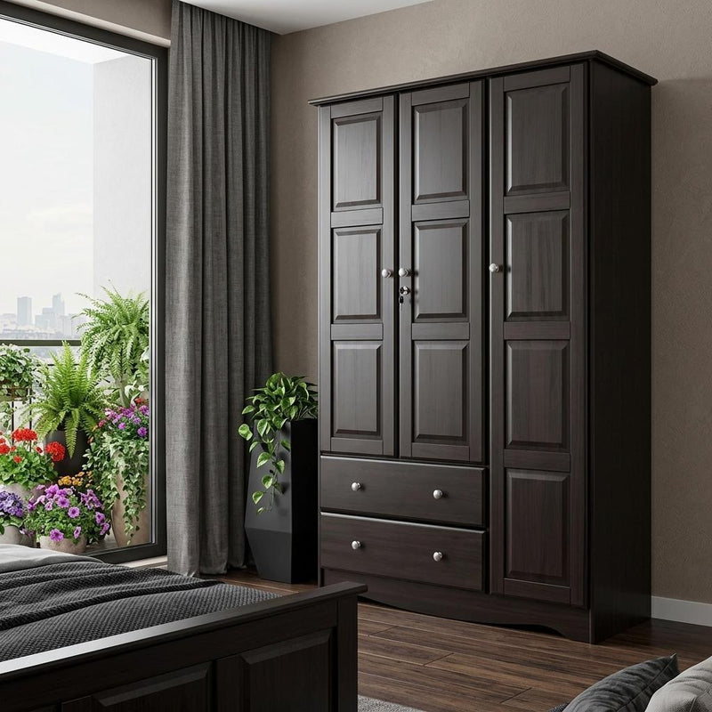 Solid Wood Three Door Two Drawer Combo Dresser (762948) - Dark Brown