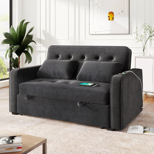 65.7" Velvet Upholstered Sleeper Bed , Pull Out Sofa Bed Couch attached two throw pillows,Dual USB Charging Port and Adjustable Backrest for Living Room Space, Black