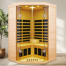 Load image into Gallery viewer, 2 Persons Large Glass Front Deluxe Version Hemlock Far Infrared Corner Sauna Room - Natural
