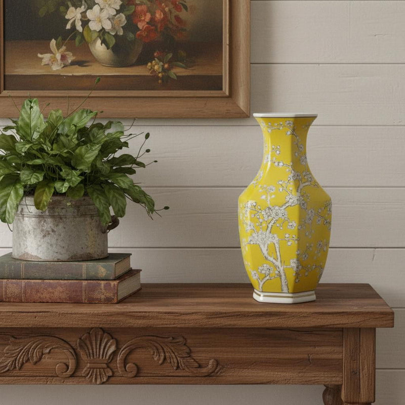 Chinoiserie Floral Porcelain Table Vase (565444) - Yellow / White