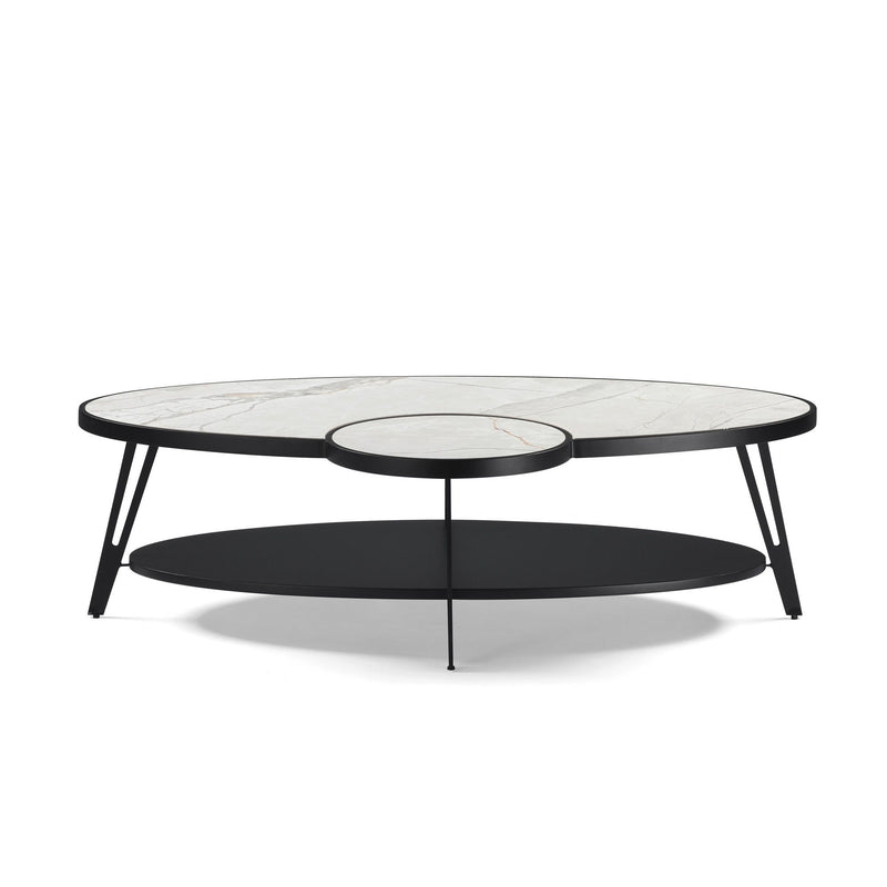 Sintered Stone Iron Oval Coffee Table With Shelf - White / Black