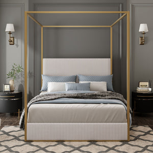 Luxury Canopy Bed With Plush Corduroy Upholstered Headboard