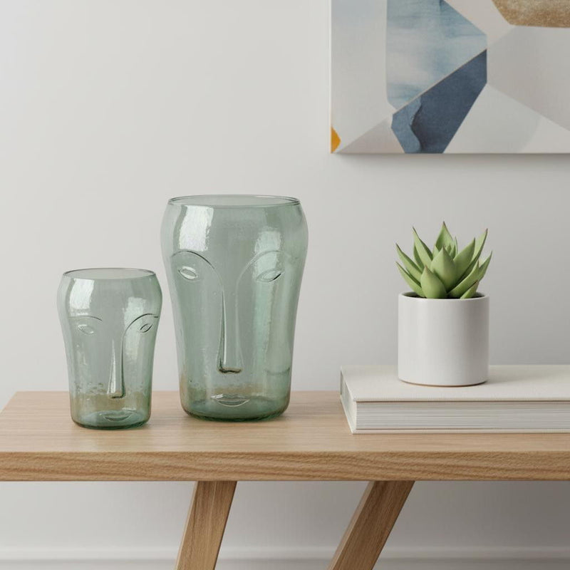 Modern Abstract Faces Table Vases (Set of 2) - Light Green