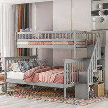 Load image into Gallery viewer, Twin over Full Stairway Bunk Bed with Storage, Gray
